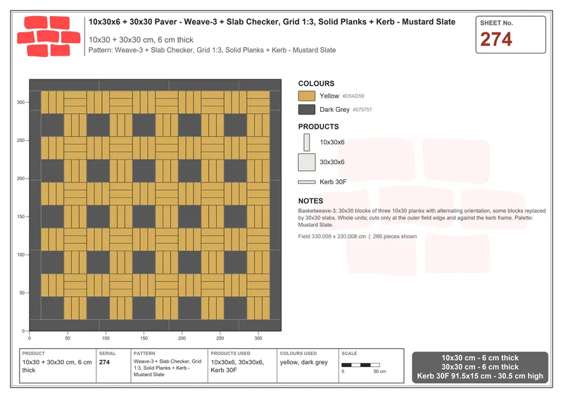 Interlock (Pasco) 10x30 cm · RC13-274 · Weave-3 + Slab Checker, Grid 1:3, Solid Planks + Kerb - Mustard Slate · Laying plan Interlock (Pasco) 10x30 cm · RC13-274 · Weave-3 + Slab Checker, Grid 1:3, Solid Planks + Kerb - Mustard Slate · Laying plan
