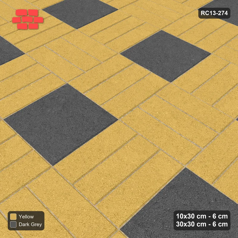 Interlock (Pasco) 10x30 cm · RC13-274 · Weave-3 + Slab Checker, Grid 1:3, Solid Planks + Kerb - Mustard Slate · Side view