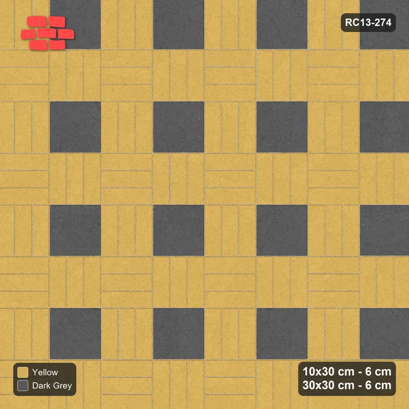 Interlock (Pasco) 10x30 cm · RC13-274 · Weave-3 + Slab Checker, Grid 1:3, Solid Planks + Kerb - Mustard Slate · Top view