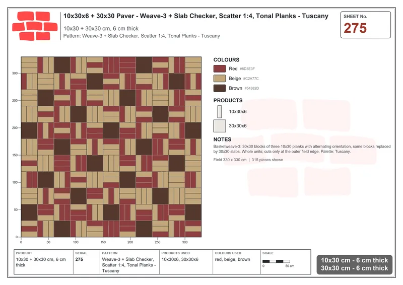 Interlock (Pasco) 10x30 cm · RC13-275 · Weave-3 + Slab Checker, Scatter 1:4, Tonal Planks - Tuscany · Laying plan Interlock (Pasco) 10x30 cm · RC13-275 · Weave-3 + Slab Checker, Scatter 1:4, Tonal Planks - Tuscany · Laying plan