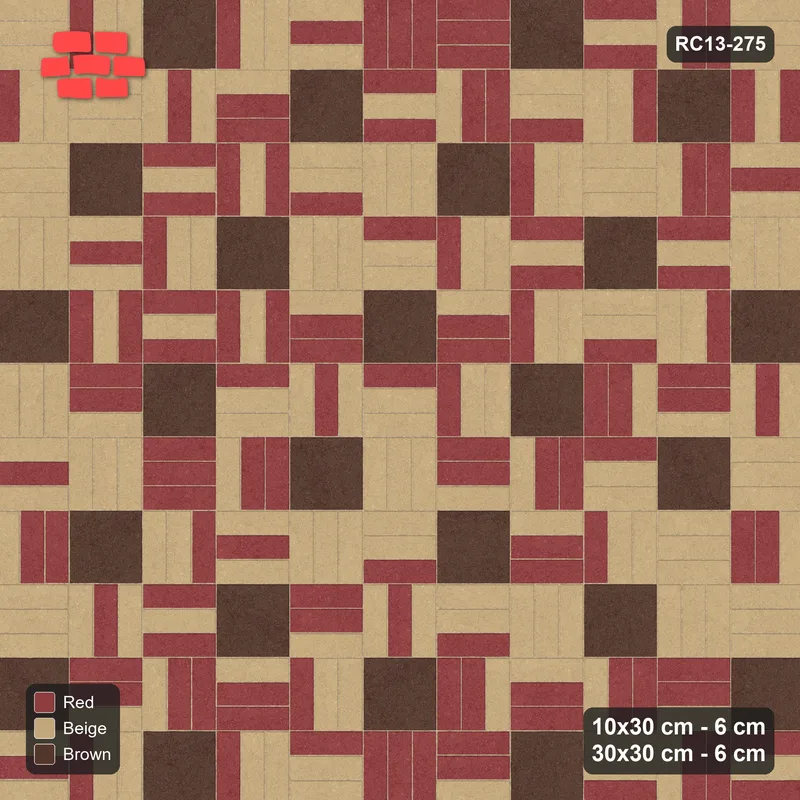 Interlock (Pasco) 10x30 cm · RC13-275 · Weave-3 + Slab Checker, Scatter 1:4, Tonal Planks - Tuscany · Top view