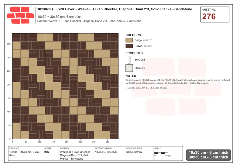 Interlock (Pasco) 10x30 cm · RC13-276 · Weave-3 + Slab Checker, Diagonal Band 2:3, Solid Planks - Sandstone · Laying plan Interlock (Pasco) 10x30 cm · RC13-276 · Weave-3 + Slab Checker, Diagonal Band 2:3, Solid Planks - Sandstone · Laying plan