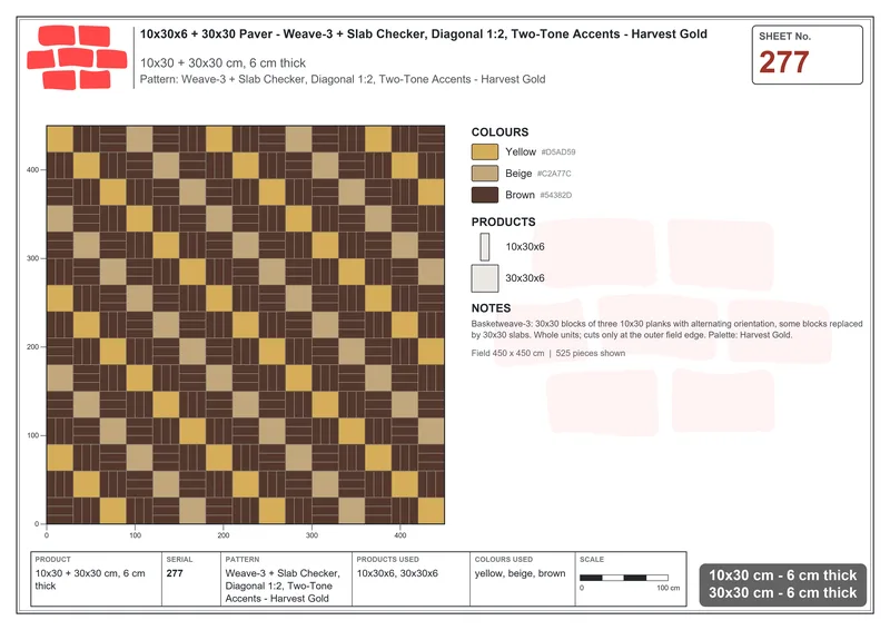 Interlock (Pasco) 10x30 cm · RC13-277 · Weave-3 + Slab Checker, Diagonal 1:2, Two-Tone Accents - Harvest Gold · Laying plan Interlock (Pasco) 10x30 cm · RC13-277 · Weave-3 + Slab Checker, Diagonal 1:2, Two-Tone Accents - Harvest Gold · Laying plan