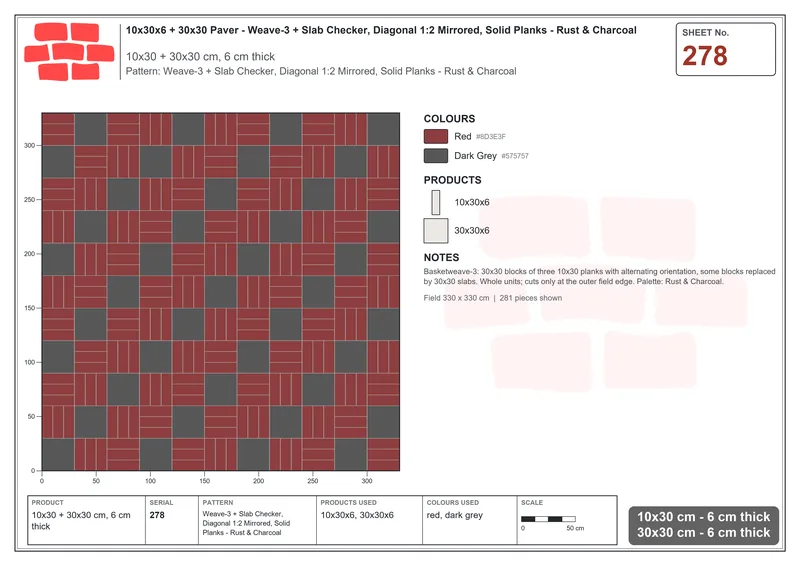 Interlock (Pasco) 10x30 cm · RC13-278 · Weave-3 + Slab Checker, Diagonal 1:2 Mirrored, Solid Planks - Rust & Charcoal · Laying plan Interlock (Pasco) 10x30 cm · RC13-278 · Weave-3 + Slab Checker, Diagonal 1:2 Mirrored, Solid Planks - Rust & Charcoal · Laying plan
