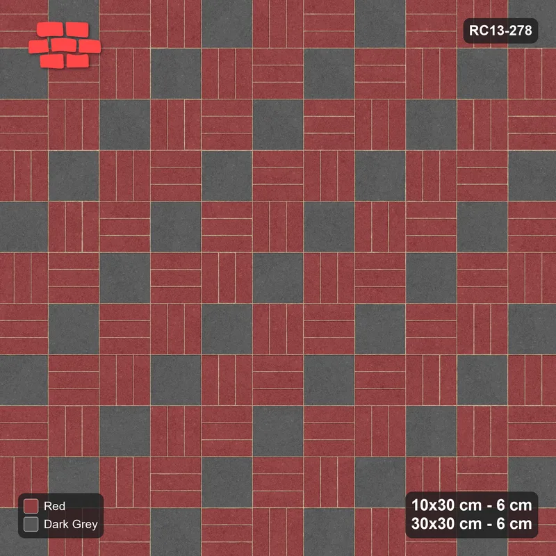 Interlock (Pasco) 10x30 cm · RC13-278 · Weave-3 + Slab Checker, Diagonal 1:2 Mirrored, Solid Planks - Rust & Charcoal · Top view