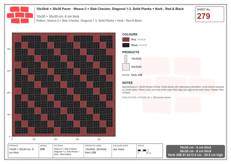 Interlock (Pasco) 10x30 cm · RC13-279 · Weave-3 + Slab Checker, Diagonal 1:3, Solid Planks + Kerb - Red & Black · Laying plan Interlock (Pasco) 10x30 cm · RC13-279 · Weave-3 + Slab Checker, Diagonal 1:3, Solid Planks + Kerb - Red & Black · Laying plan