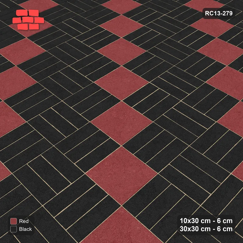 Interlock (Pasco) 10x30 cm · RC13-279 · Weave-3 + Slab Checker, Diagonal 1:3, Solid Planks + Kerb - Red & Black · Side view