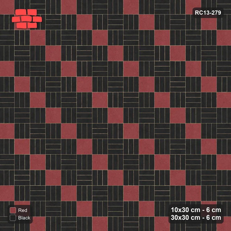 Interlock (Pasco) 10x30 cm · RC13-279 · Weave-3 + Slab Checker, Diagonal 1:3, Solid Planks + Kerb - Red & Black · Top view