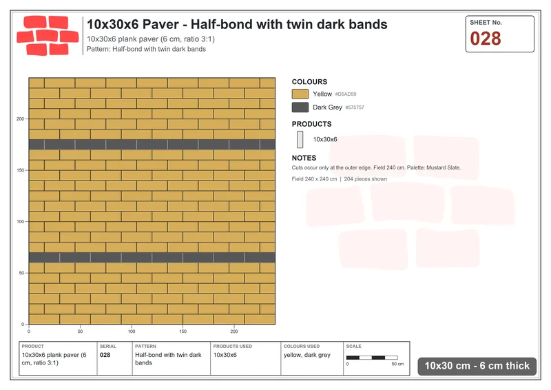 Interlock (Pasco) 10x30 cm · RC13-28 · Half-bond with twin dark bands · Laying plan Interlock (Pasco) 10x30 cm · RC13-28 · Half-bond with twin dark bands · Laying plan
