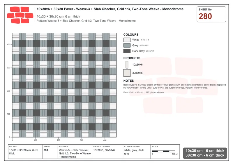 Interlock (Pasco) 10x30 cm · RC13-280 · Weave-3 + Slab Checker, Grid 1:3, Two-Tone Weave - Monochrome · Laying plan Interlock (Pasco) 10x30 cm · RC13-280 · Weave-3 + Slab Checker, Grid 1:3, Two-Tone Weave - Monochrome · Laying plan