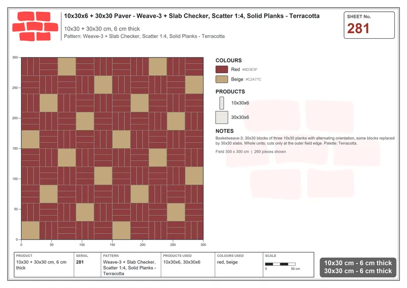 Interlock (Pasco) 10x30 cm · RC13-281 · Weave-3 + Slab Checker, Scatter 1:4, Solid Planks - Terracotta · Laying plan Interlock (Pasco) 10x30 cm · RC13-281 · Weave-3 + Slab Checker, Scatter 1:4, Solid Planks - Terracotta · Laying plan