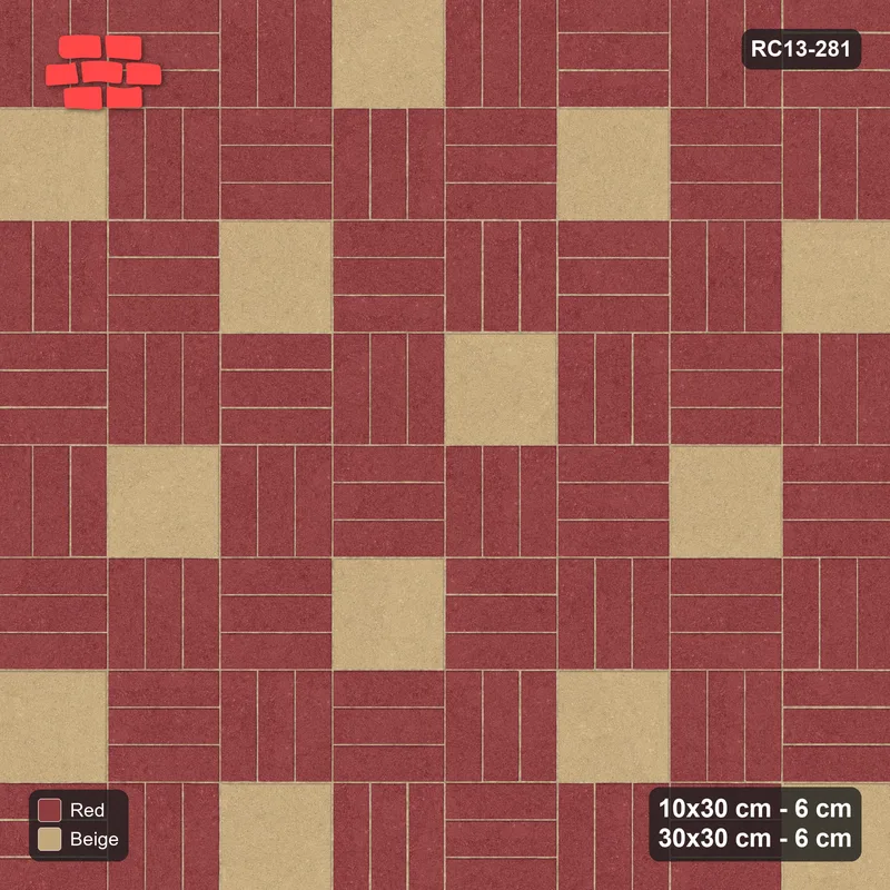 Interlock (Pasco) 10x30 cm · RC13-281 · Weave-3 + Slab Checker, Scatter 1:4, Solid Planks - Terracotta · Top view