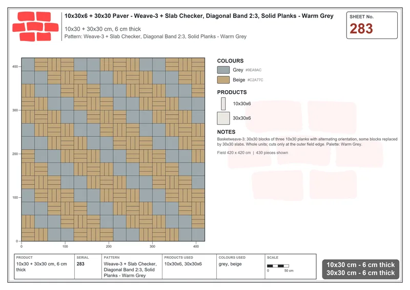 Interlock (Pasco) 10x30 cm · RC13-283 · Weave-3 + Slab Checker, Diagonal Band 2:3, Solid Planks - Warm Grey · Laying plan Interlock (Pasco) 10x30 cm · RC13-283 · Weave-3 + Slab Checker, Diagonal Band 2:3, Solid Planks - Warm Grey · Laying plan