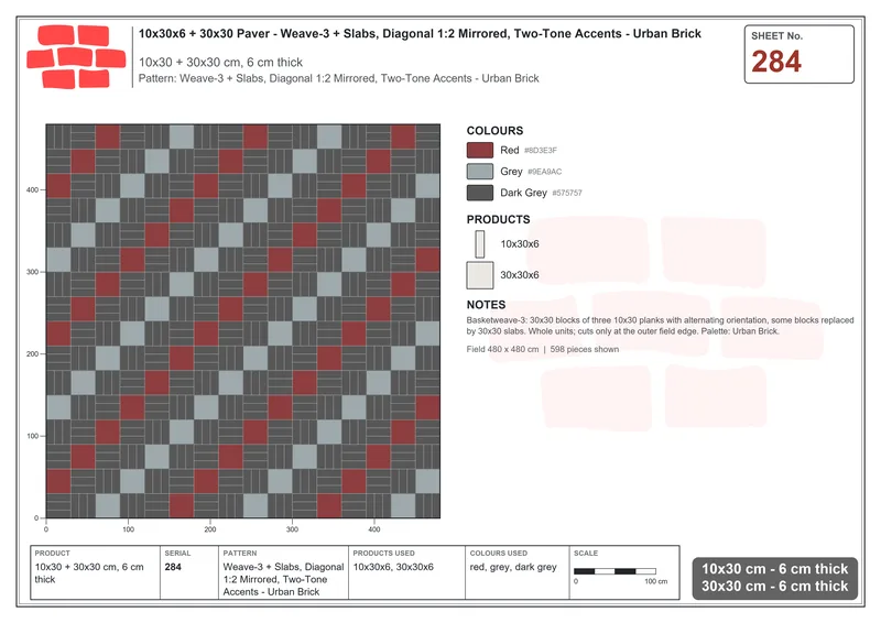 Interlock (Pasco) 10x30 cm · RC13-284 · Weave-3 + Slabs, Diagonal 1:2 Mirrored, Two-Tone Accents - Urban Brick · Laying plan Interlock (Pasco) 10x30 cm · RC13-284 · Weave-3 + Slabs, Diagonal 1:2 Mirrored, Two-Tone Accents - Urban Brick · Laying plan