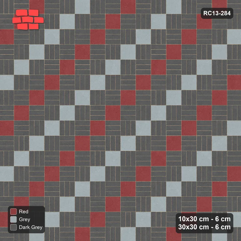Interlock (Pasco) 10x30 cm · RC13-284 · Weave-3 + Slabs, Diagonal 1:2 Mirrored, Two-Tone Accents - Urban Brick · Top view