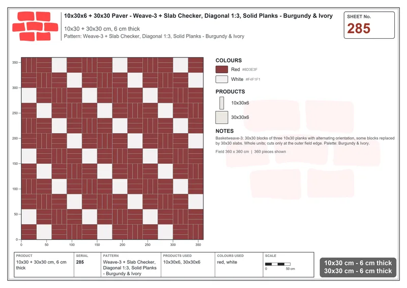 Interlock (Pasco) 10x30 cm · RC13-285 · Weave-3 + Slab Checker, Diagonal 1:3, Solid Planks - Burgundy & Ivory · Laying plan Interlock (Pasco) 10x30 cm · RC13-285 · Weave-3 + Slab Checker, Diagonal 1:3, Solid Planks - Burgundy & Ivory · Laying plan