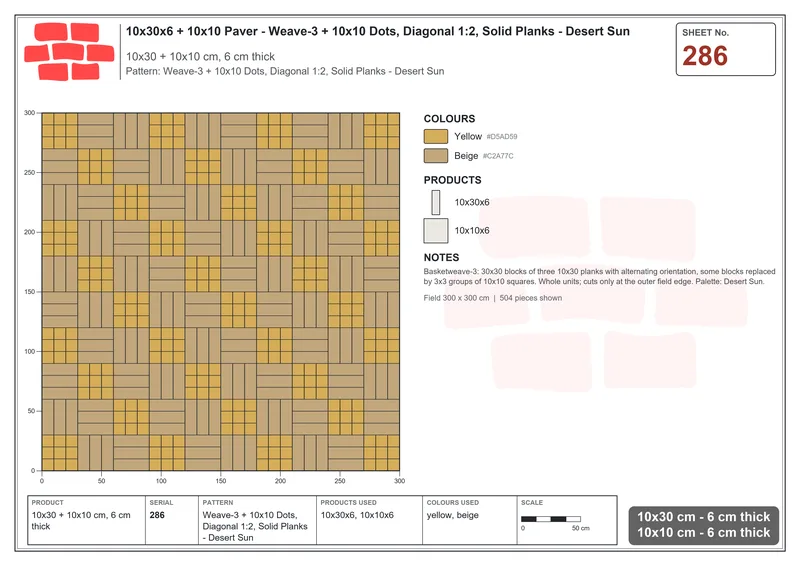 Interlock (Pasco) 10x30 cm · RC13-286 · Weave-3 + 10x10 Dots, Diagonal 1:2, Solid Planks - Desert Sun · Laying plan Interlock (Pasco) 10x30 cm · RC13-286 · Weave-3 + 10x10 Dots, Diagonal 1:2, Solid Planks - Desert Sun · Laying plan