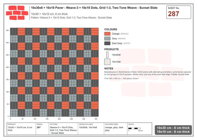 Interlock (Pasco) 10x30 cm · RC13-287 · Weave-3 + 10x10 Dots, Grid 1:3, Two-Tone Weave - Sunset Slate · Laying plan Interlock (Pasco) 10x30 cm · RC13-287 · Weave-3 + 10x10 Dots, Grid 1:3, Two-Tone Weave - Sunset Slate · Laying plan