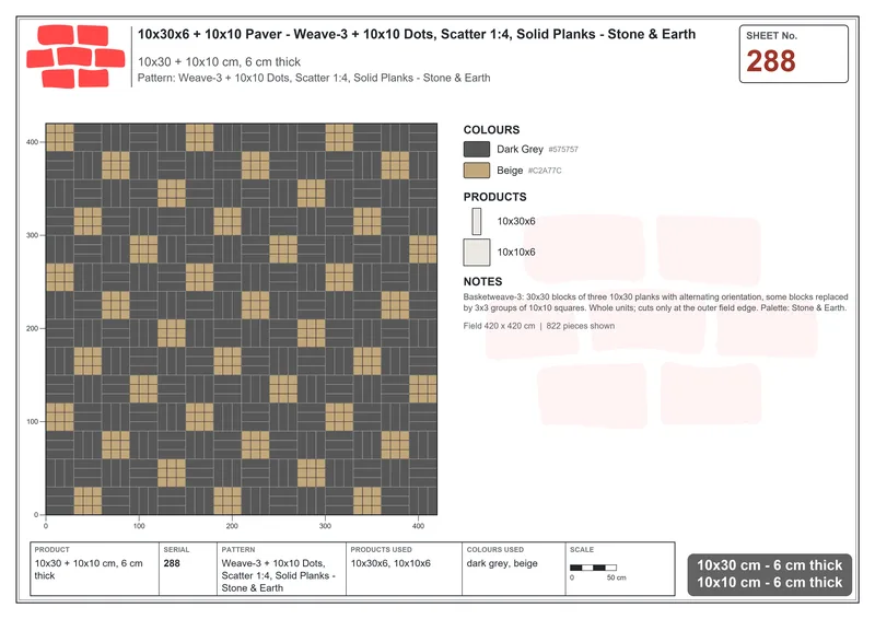 Interlock (Pasco) 10x30 cm · RC13-288 · Weave-3 + 10x10 Dots, Scatter 1:4, Solid Planks - Stone & Earth · Laying plan Interlock (Pasco) 10x30 cm · RC13-288 · Weave-3 + 10x10 Dots, Scatter 1:4, Solid Planks - Stone & Earth · Laying plan