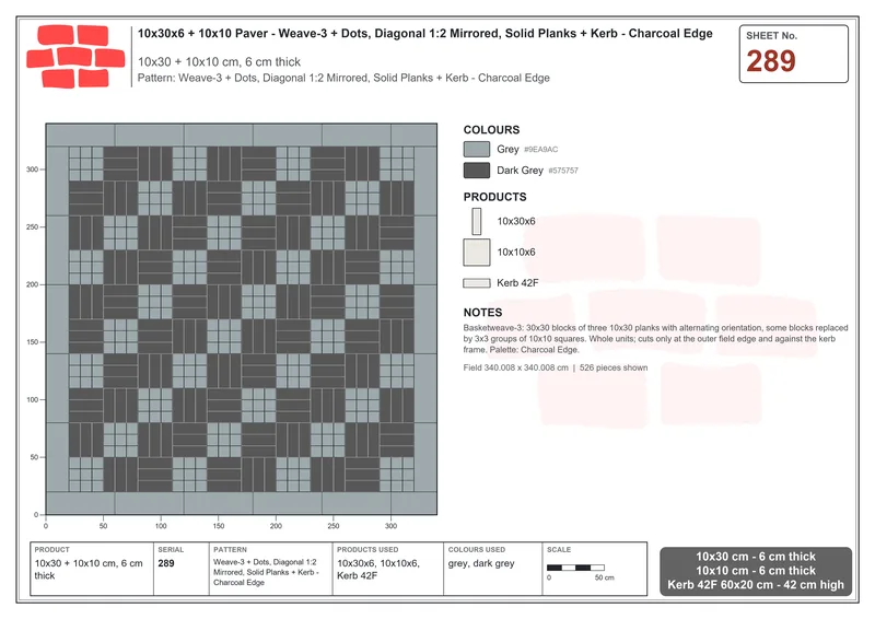 Interlock (Pasco) 10x30 cm · RC13-289 · Weave-3 + Dots, Diagonal 1:2 Mirrored, Solid Planks + Kerb - Charcoal Edge · Laying plan Interlock (Pasco) 10x30 cm · RC13-289 · Weave-3 + Dots, Diagonal 1:2 Mirrored, Solid Planks + Kerb - Charcoal Edge · Laying plan