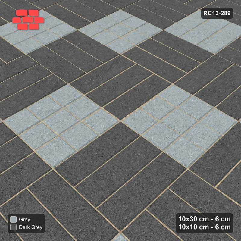 Interlock (Pasco) 10x30 cm · RC13-289 · Weave-3 + Dots, Diagonal 1:2 Mirrored, Solid Planks + Kerb - Charcoal Edge · Side view