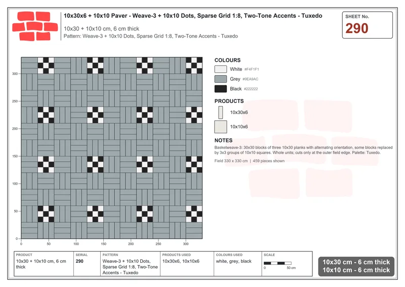 Interlock (Pasco) 10x30 cm · RC13-290 · Weave-3 + 10x10 Dots, Sparse Grid 1:8, Two-Tone Accents - Tuxedo · Laying plan Interlock (Pasco) 10x30 cm · RC13-290 · Weave-3 + 10x10 Dots, Sparse Grid 1:8, Two-Tone Accents - Tuxedo · Laying plan