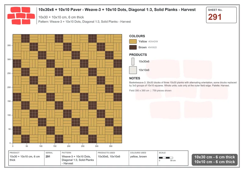 Interlock (Pasco) 10x30 cm · RC13-291 · Weave-3 + 10x10 Dots, Diagonal 1:3, Solid Planks - Harvest · Laying plan Interlock (Pasco) 10x30 cm · RC13-291 · Weave-3 + 10x10 Dots, Diagonal 1:3, Solid Planks - Harvest · Laying plan