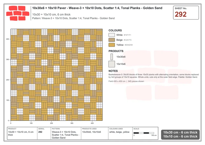 Interlock (Pasco) 10x30 cm · RC13-292 · Weave-3 + 10x10 Dots, Scatter 1:4, Tonal Planks - Golden Sand · Laying plan Interlock (Pasco) 10x30 cm · RC13-292 · Weave-3 + 10x10 Dots, Scatter 1:4, Tonal Planks - Golden Sand · Laying plan