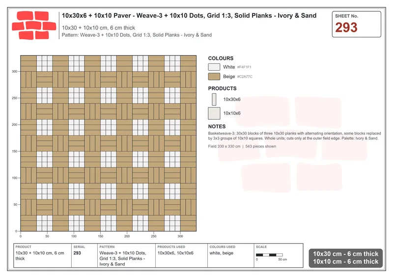Interlock (Pasco) 10x30 cm · RC13-293 · Weave-3 + 10x10 Dots, Grid 1:3, Solid Planks - Ivory & Sand · Laying plan Interlock (Pasco) 10x30 cm · RC13-293 · Weave-3 + 10x10 Dots, Grid 1:3, Solid Planks - Ivory & Sand · Laying plan