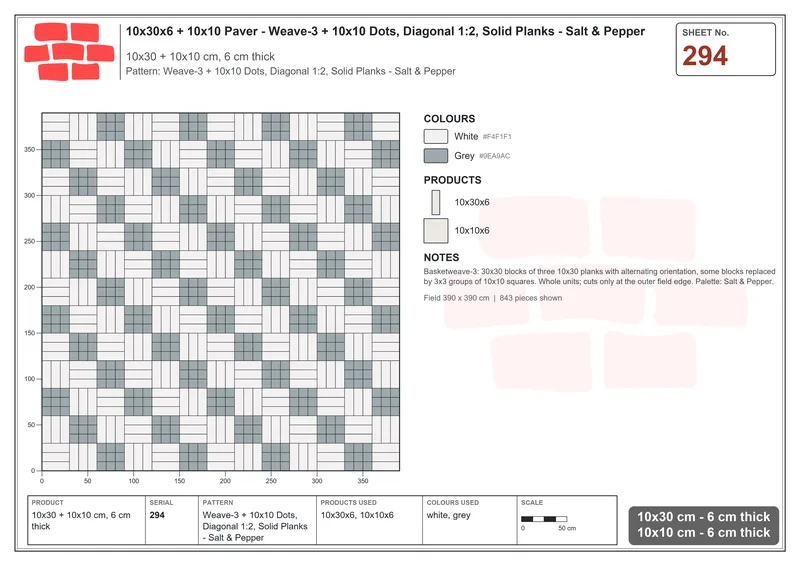 Interlock (Pasco) 10x30 cm · RC13-294 · Weave-3 + 10x10 Dots, Diagonal 1:2, Solid Planks - Salt & Pepper · Laying plan Interlock (Pasco) 10x30 cm · RC13-294 · Weave-3 + 10x10 Dots, Diagonal 1:2, Solid Planks - Salt & Pepper · Laying plan
