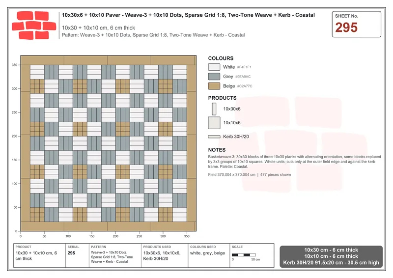 Interlock (Pasco) 10x30 cm · RC13-295 · Weave-3 + 10x10 Dots, Sparse Grid 1:8, Two-Tone Weave + Kerb - Coastal · Laying plan Interlock (Pasco) 10x30 cm · RC13-295 · Weave-3 + 10x10 Dots, Sparse Grid 1:8, Two-Tone Weave + Kerb - Coastal · Laying plan