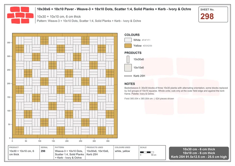 Interlock (Pasco) 10x30 cm · RC13-298 · Weave-3 + 10x10 Dots, Scatter 1:4, Solid Planks + Kerb - Ivory & Ochre · Laying plan Interlock (Pasco) 10x30 cm · RC13-298 · Weave-3 + 10x10 Dots, Scatter 1:4, Solid Planks + Kerb - Ivory & Ochre · Laying plan