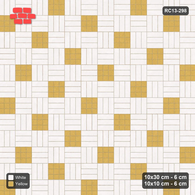 Interlock (Pasco) 10x30 cm · RC13-298 · Weave-3 + 10x10 Dots, Scatter 1:4, Solid Planks + Kerb - Ivory & Ochre · Top view