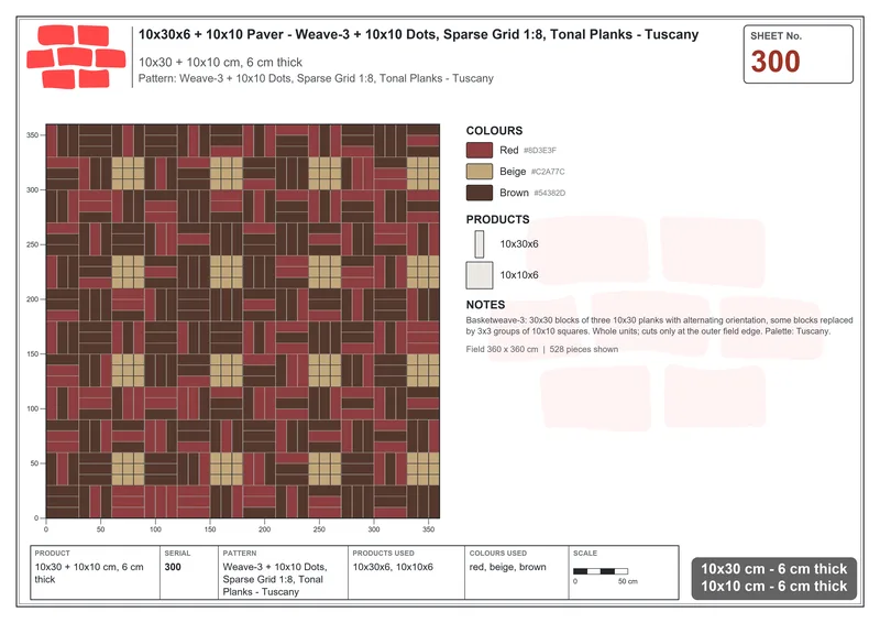 Interlock (Pasco) 10x30 cm · RC13-300 · Weave-3 + 10x10 Dots, Sparse Grid 1:8, Tonal Planks - Tuscany · Laying plan Interlock (Pasco) 10x30 cm · RC13-300 · Weave-3 + 10x10 Dots, Sparse Grid 1:8, Tonal Planks - Tuscany · Laying plan