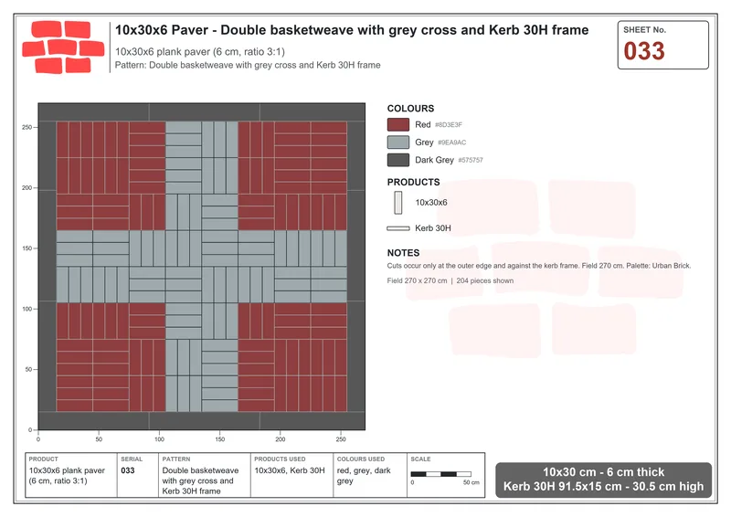 Interlock (Pasco) 10x30 cm · RC13-33 · Double basketweave with grey cross and Kerb 30H frame · Laying plan Interlock (Pasco) 10x30 cm · RC13-33 · Double basketweave with grey cross and Kerb 30H frame · Laying plan
