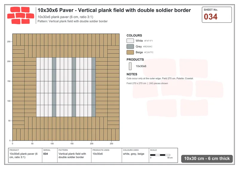 Interlock (Pasco) 10x30 cm · RC13-34 · Vertical plank field with double soldier border · Laying plan Interlock (Pasco) 10x30 cm · RC13-34 · Vertical plank field with double soldier border · Laying plan