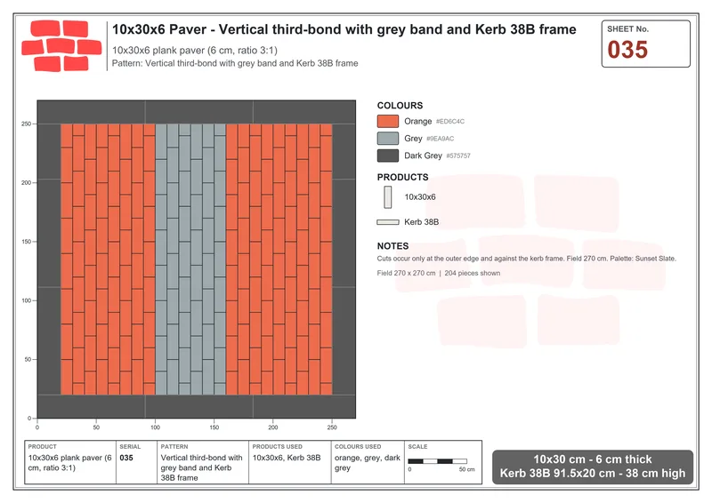 Interlock (Pasco) 10x30 cm · RC13-35 · Vertical third-bond with grey band and Kerb 38B frame · Laying plan Interlock (Pasco) 10x30 cm · RC13-35 · Vertical third-bond with grey band and Kerb 38B frame · Laying plan