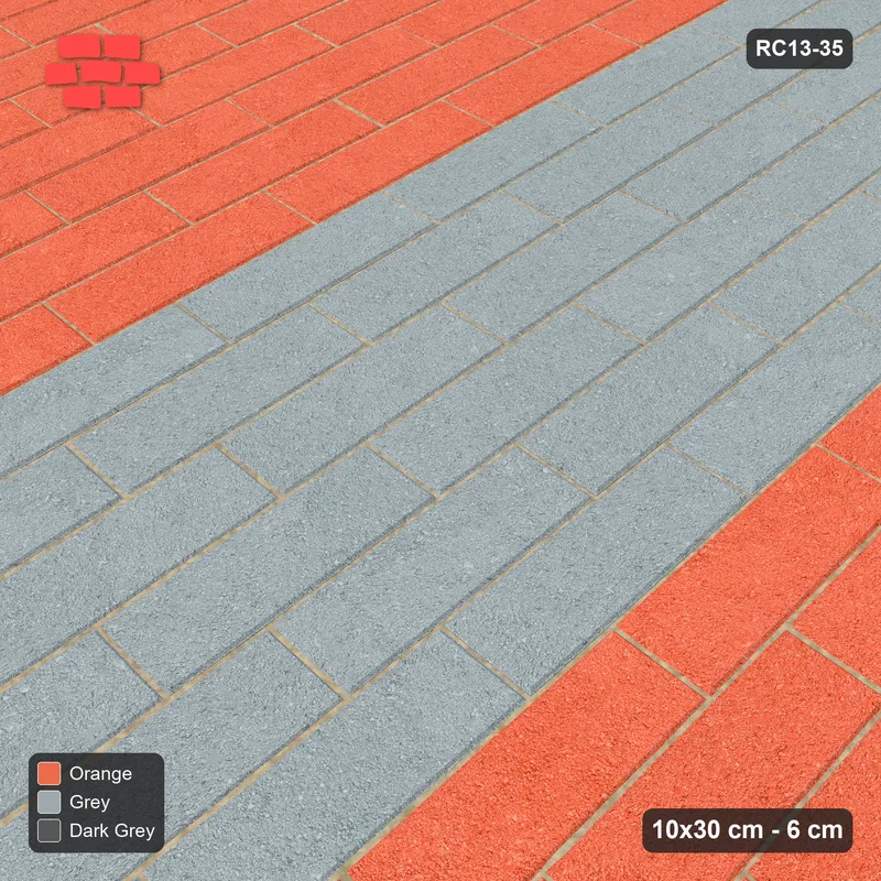 Interlock (Pasco) 10x30 cm · RC13-35 · Vertical third-bond with grey band and Kerb 38B frame · Side view