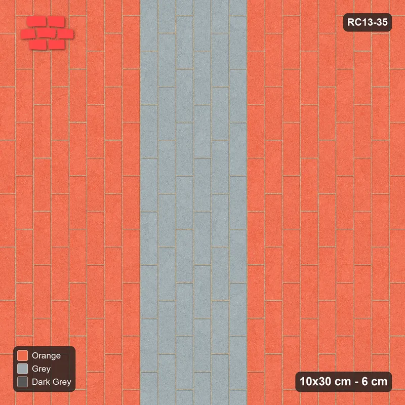 Interlock (Pasco) 10x30 cm · RC13-35 · Vertical third-bond with grey band and Kerb 38B frame · Top view