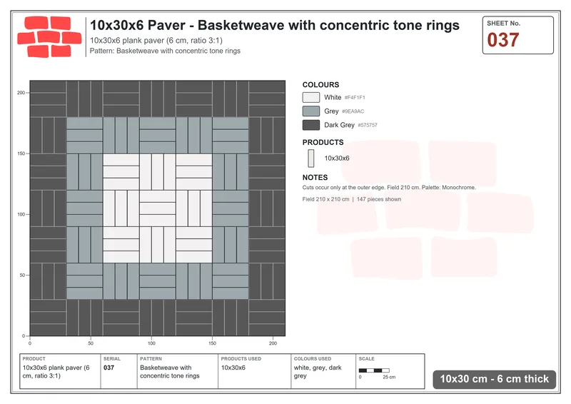 Interlock (Pasco) 10x30 cm · RC13-37 · Basketweave with concentric tone rings · Laying plan Interlock (Pasco) 10x30 cm · RC13-37 · Basketweave with concentric tone rings · Laying plan