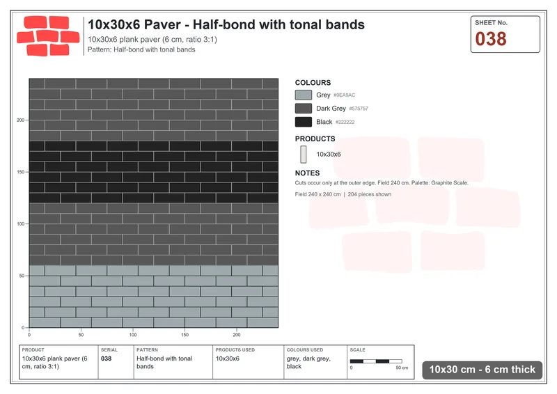 Interlock (Pasco) 10x30 cm · RC13-38 · Half-bond with tonal bands · Laying plan Interlock (Pasco) 10x30 cm · RC13-38 · Half-bond with tonal bands · Laying plan