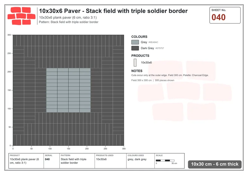 Interlock (Pasco) 10x30 cm · RC13-40 · Stack field with triple soldier border · Laying plan Interlock (Pasco) 10x30 cm · RC13-40 · Stack field with triple soldier border · Laying plan