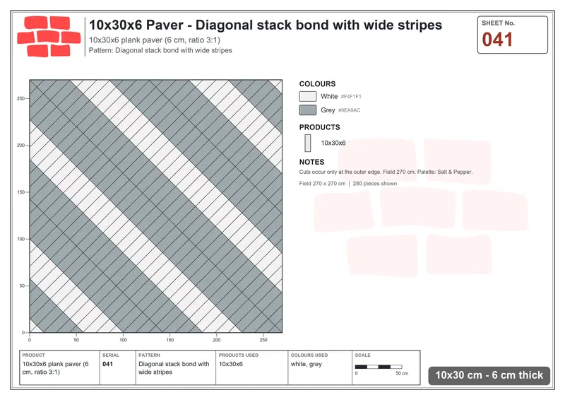 Interlock (Pasco) 10x30 cm · RC13-41 · Diagonal stack bond with wide stripes · Laying plan Interlock (Pasco) 10x30 cm · RC13-41 · Diagonal stack bond with wide stripes · Laying plan