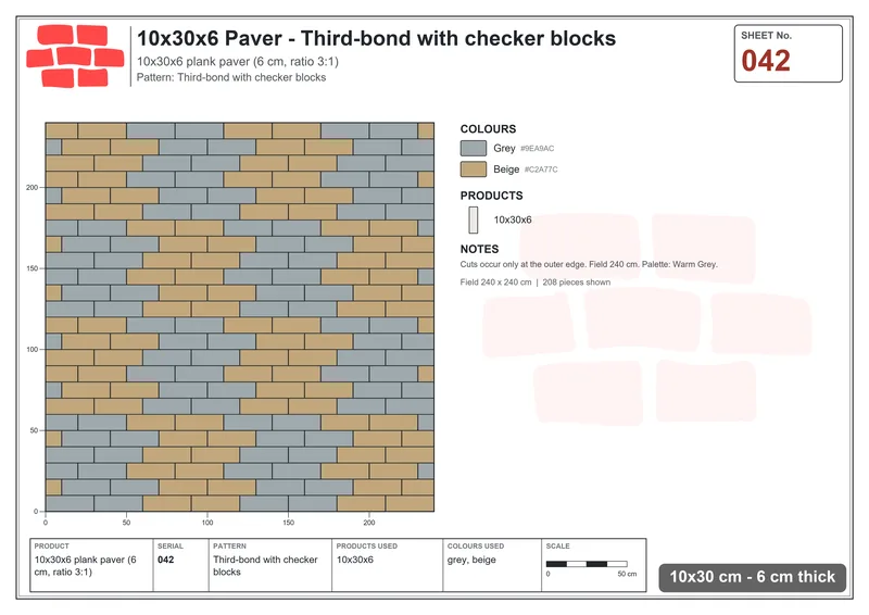 Interlock (Pasco) 10x30 cm · RC13-42 · Third-bond with checker blocks · Laying plan Interlock (Pasco) 10x30 cm · RC13-42 · Third-bond with checker blocks · Laying plan