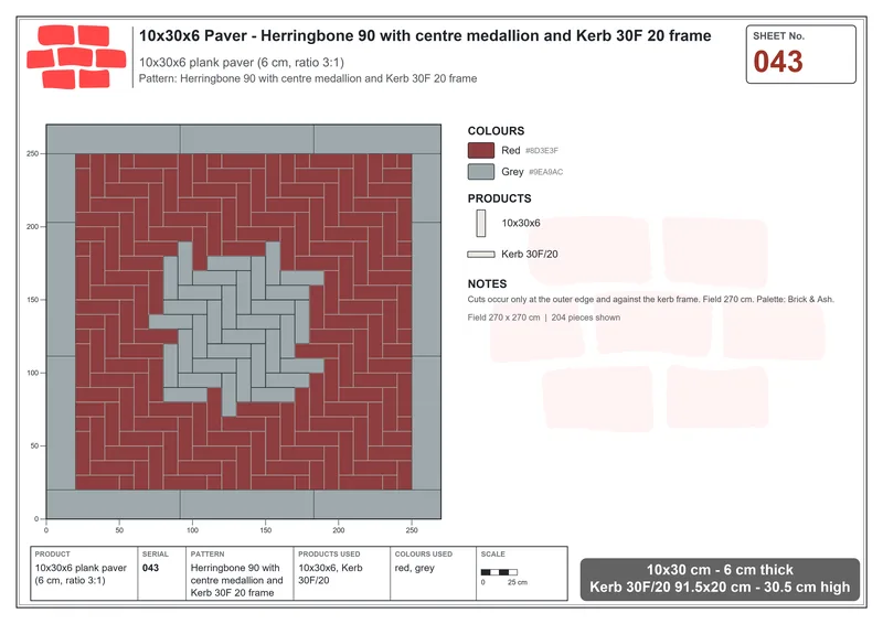 Interlock (Pasco) 10x30 cm · RC13-43 · Herringbone 90 with centre medallion and Kerb 30F 20 frame · Laying plan Interlock (Pasco) 10x30 cm · RC13-43 · Herringbone 90 with centre medallion and Kerb 30F 20 frame · Laying plan