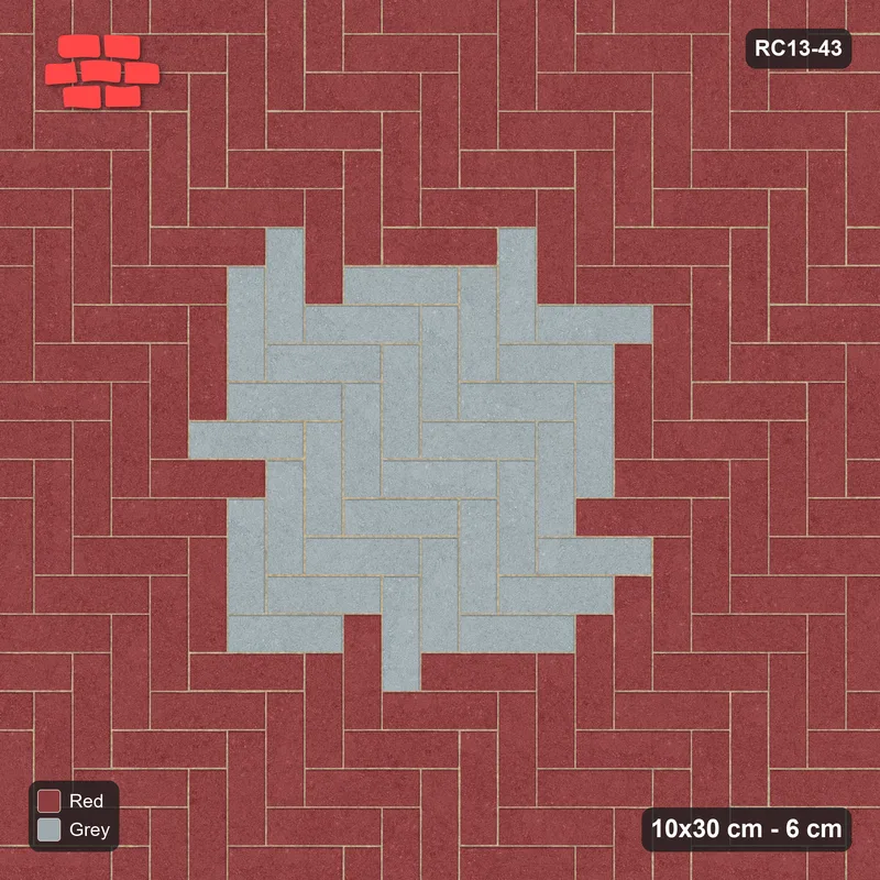 Interlock (Pasco) 10x30 cm · RC13-43 · Herringbone 90 with centre medallion and Kerb 30F 20 frame · Top view