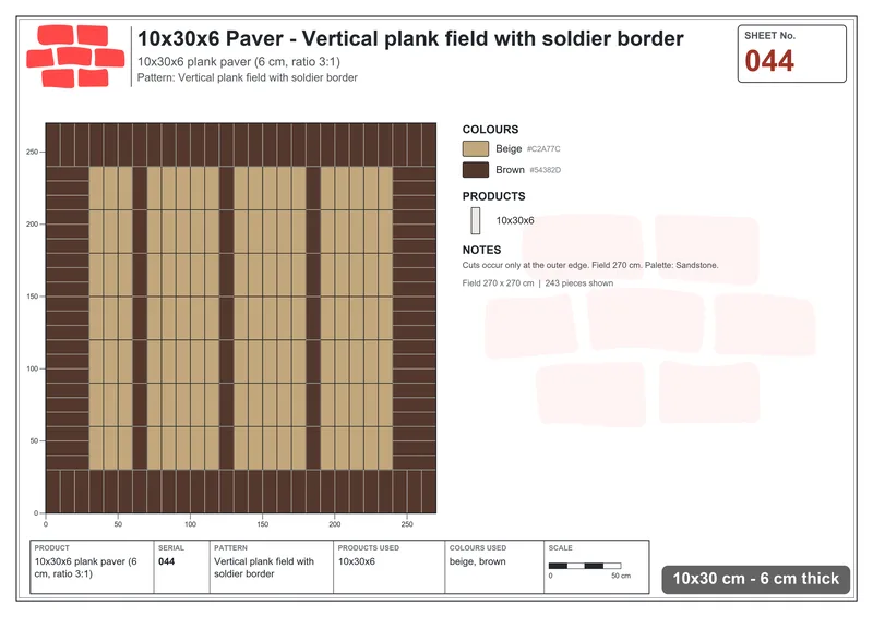 Interlock (Pasco) 10x30 cm · RC13-44 · Vertical plank field with soldier border · Laying plan Interlock (Pasco) 10x30 cm · RC13-44 · Vertical plank field with soldier border · Laying plan