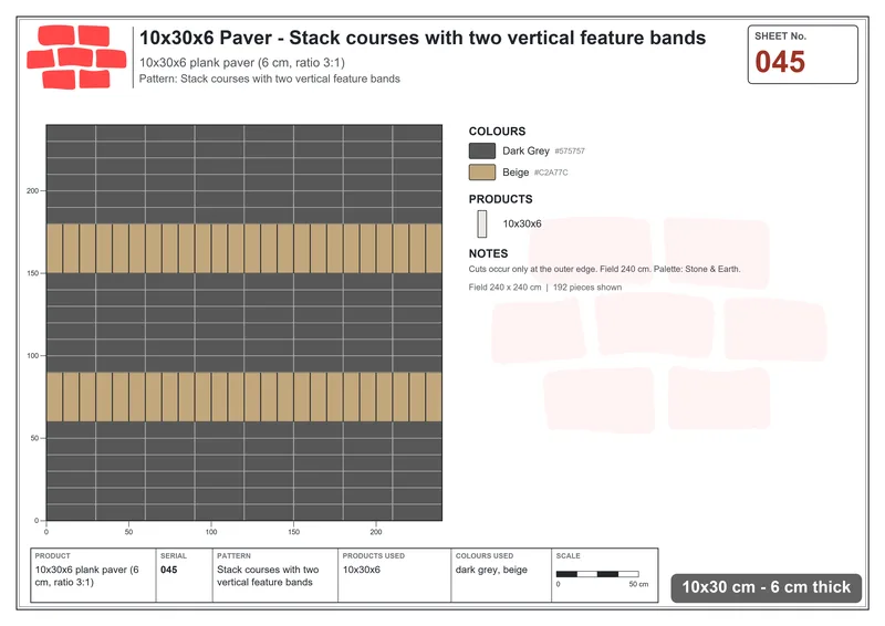 Interlock (Pasco) 10x30 cm · RC13-45 · Stack courses with two vertical feature bands · Laying plan Interlock (Pasco) 10x30 cm · RC13-45 · Stack courses with two vertical feature bands · Laying plan