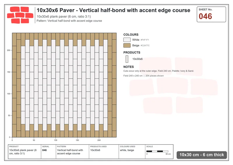 Interlock (Pasco) 10x30 cm · RC13-46 · Vertical half-bond with accent edge course · Laying plan Interlock (Pasco) 10x30 cm · RC13-46 · Vertical half-bond with accent edge course · Laying plan
