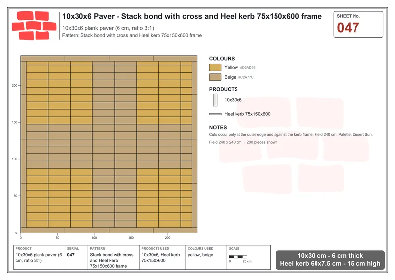 Interlock (Pasco) 10x30 cm · RC13-47 · Stack bond with cross and Heel kerb 75x150x600 frame · Laying plan Interlock (Pasco) 10x30 cm · RC13-47 · Stack bond with cross and Heel kerb 75x150x600 frame · Laying plan